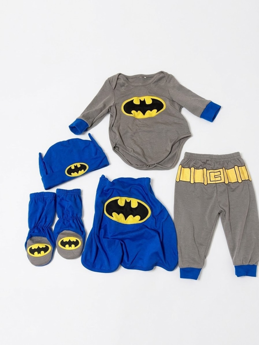 Batman Set 5 Piece Superhero Costume Set - Gray & Blue with Yellow Accents